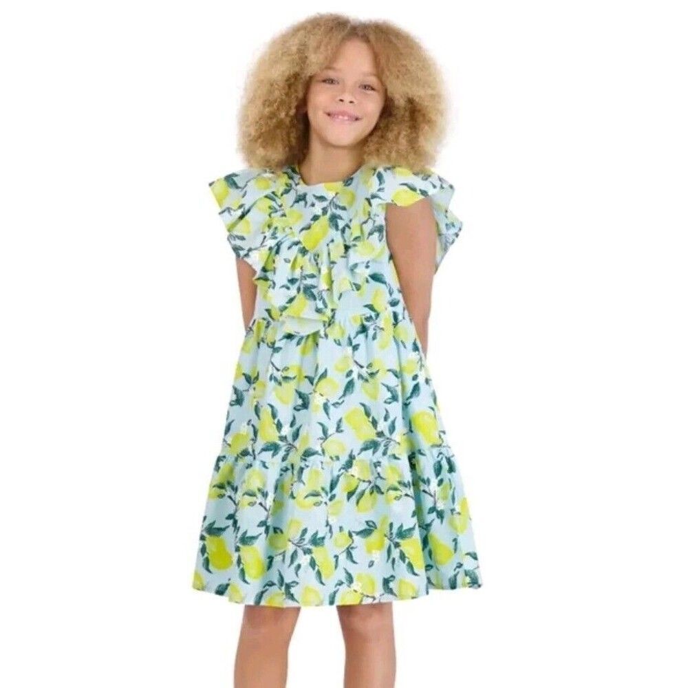 French Connection Youth Girl's Dress Blue Lemon Floral Ruffle, Size M (10/12)